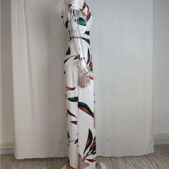 Tropical Off-Shoulder White Wide-Leg Jumpsuit - Picture 2 of 3